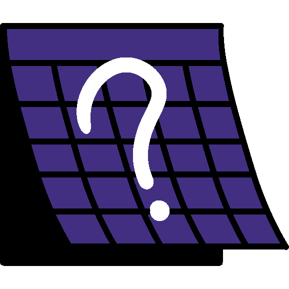 A purple paper calendar with a white question mark on it.